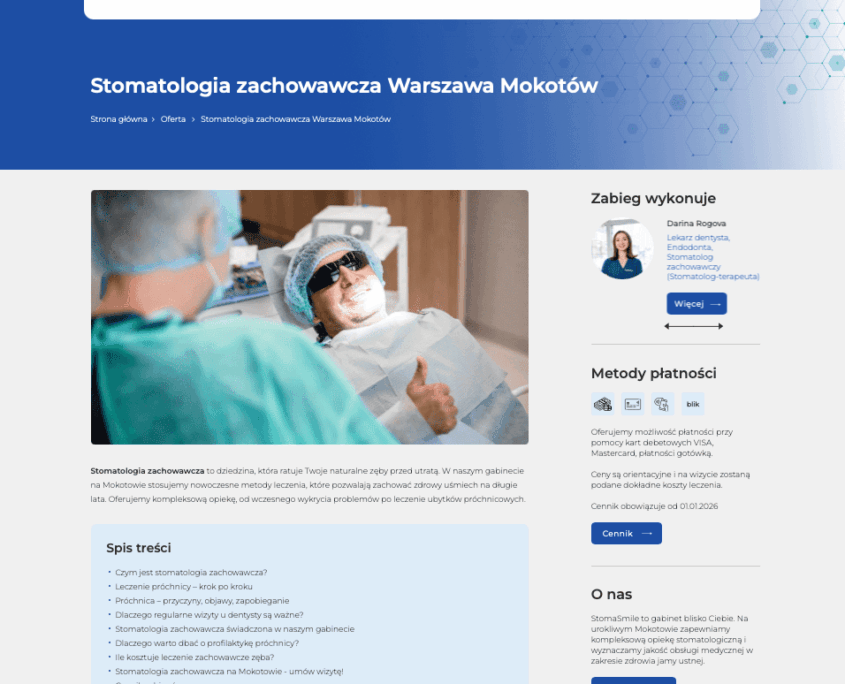 Zrzut ekranu 2026-08-7 o 14.57.13 Zrzut ekranu strony internetowej gabinetu stomatologicznego