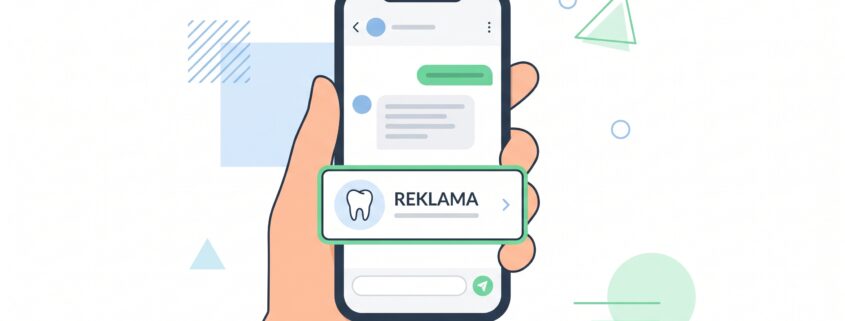 Prosta, płaska ilustracja wektorowa 2D przedstawiająca dłoń trzymającą smartfon. Na ekranie widać czysty interfejs chatgpt ads, a pod makietą odpowiedzi znajduje się wyraźnie zaznaczony boks z napisem 'REKLAMA' i ikoną zęba. Styl graficzny jest czysty i podręcznikowy.