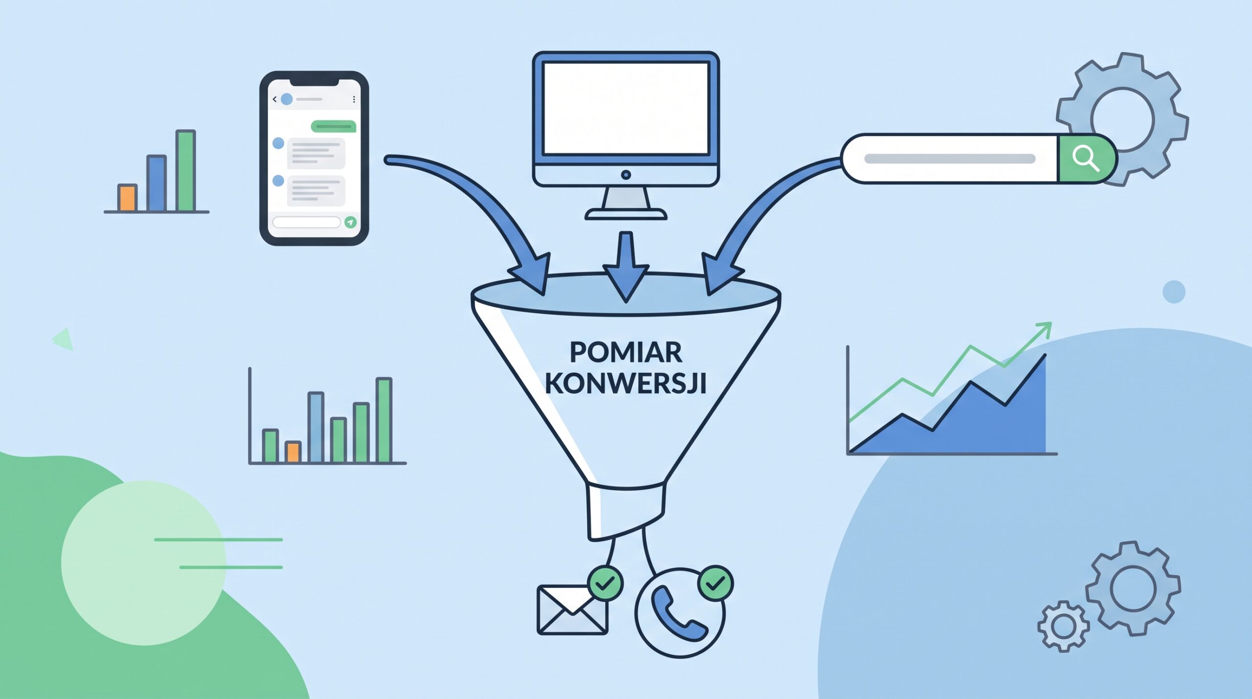 Prosta ilustracja wektorowa 2D w płaskim stylu, spójna z poprzednimi obrazami. Przedstawia lejek, do którego wpadają strzałki z różnych źródeł (telefon, komputer, wyszukiwarka). Na środku lejka napis 'POMIAR KONWERSJI'. Z wąskiego końca lejka wychodzą ikony wiadomości e-mail i słuchawki telefonu, obie z zielonymi "ptaszkami". Styl jest bardzo czysty i łatwy w odbiorze